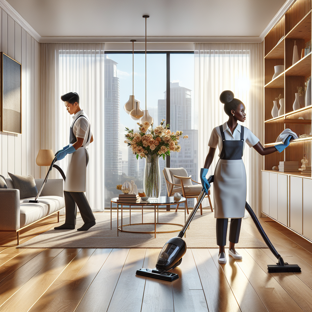 A professional house cleaning scene with a diverse cleaning team in a bright, modern living room.