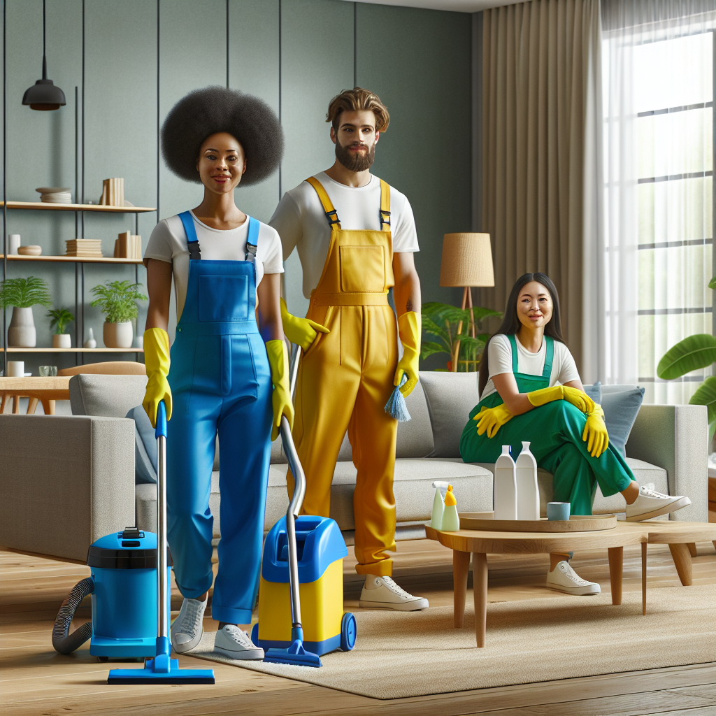 A professional cleaning service team working in a modern living room.