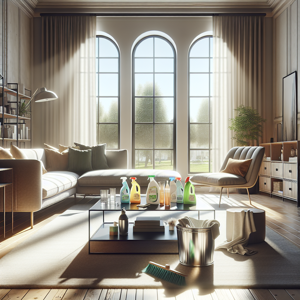 A clean and inviting living room with eco-friendly cleaning products and bright sunlight.