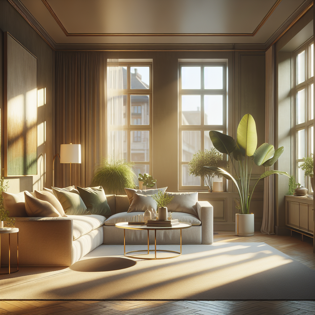 A modern living room bathed in golden hour sunlight, featuring a cozy sofa and stylish decor.