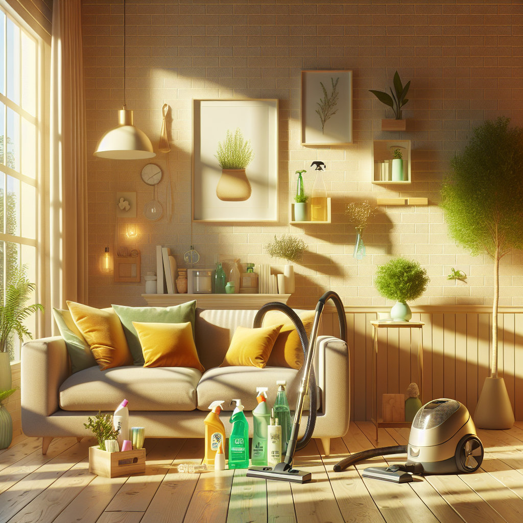 A cozy living room with eco-friendly cleaning products and warm sunlight.