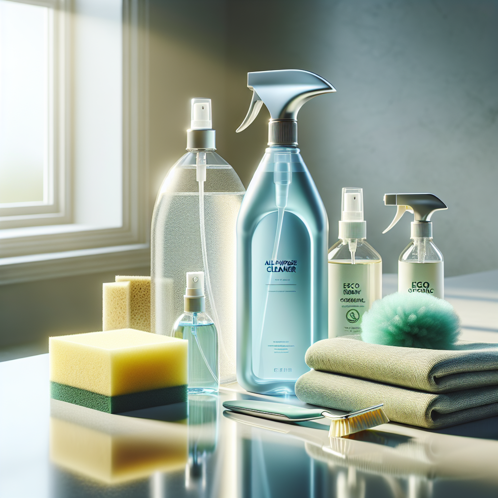 An arrangement of essential cleaning supplies including an all-purpose cleaner, sponge, microfiber cloth, and disinfectant bottle.