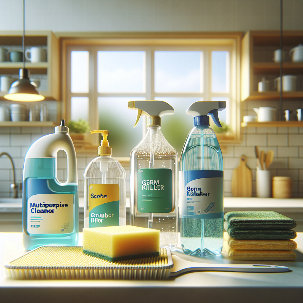 Various cleaning supplies including a blue all-purpose cleaner, clear disinfectant, yellow sponge, and green microfiber cloth on a kitchen countertop.