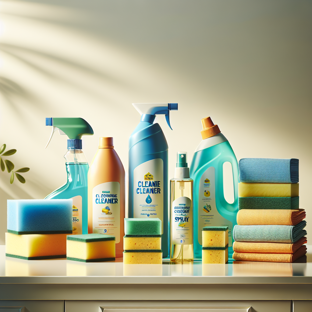 A collection of cleaning supplies including a cleaner bottle, disinfectant spray, sponges, and microfiber cloths on a countertop.