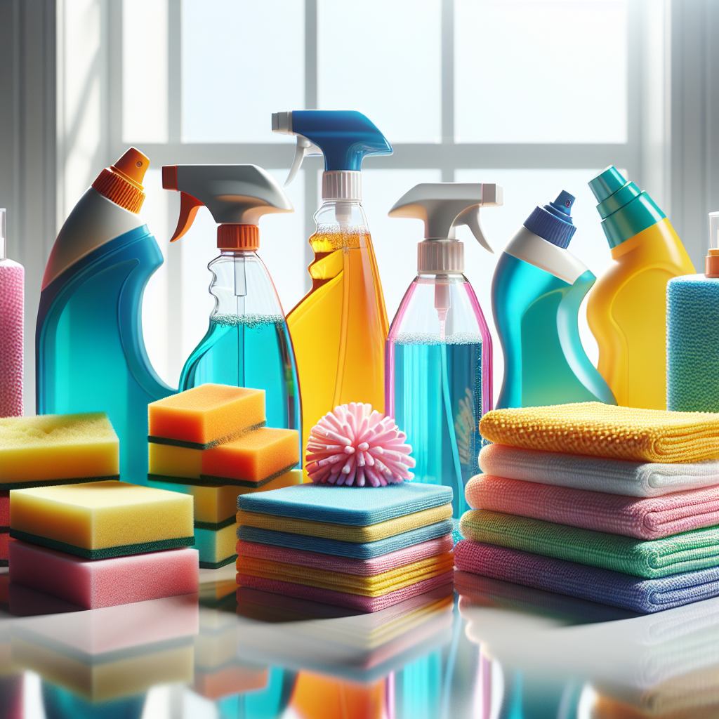 A variety of cleaning supplies including all-purpose cleaner, disinfectant, sponges, and microfiber cloths arranged on a countertop.
