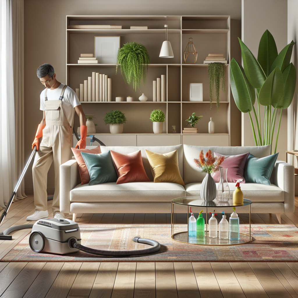 A clean living room with a professional cleaner using specialized tools.