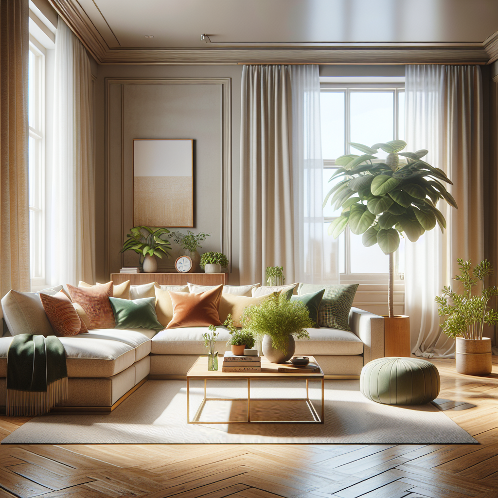A clean and organized living room with a sectional sofa and a coffee table.