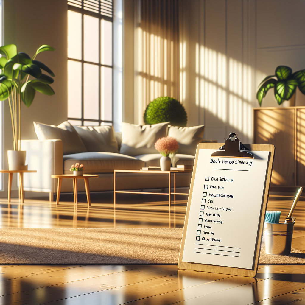 A clean home interior with a checklist on a clipboard.