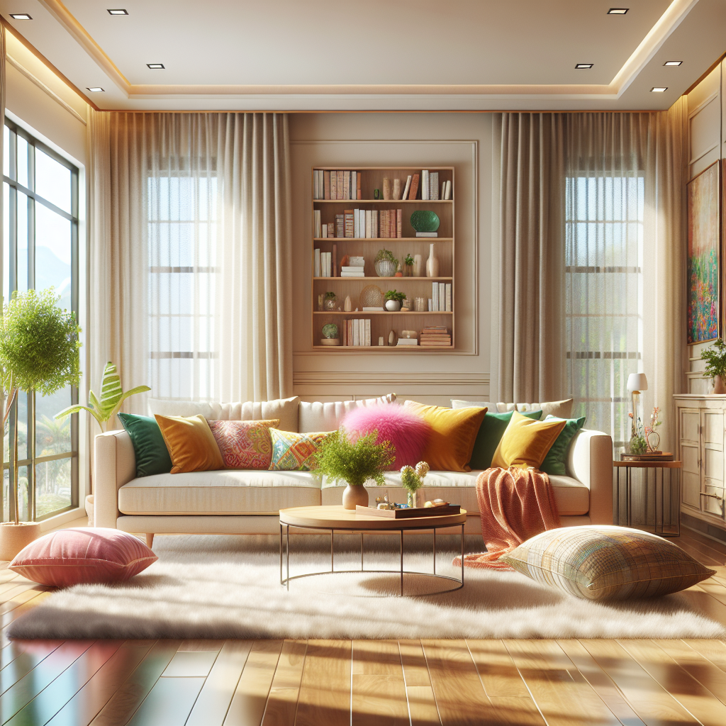 A cozy and clean living room with natural lighting, featuring a beige sofa, wooden coffee table, and decorative plant.