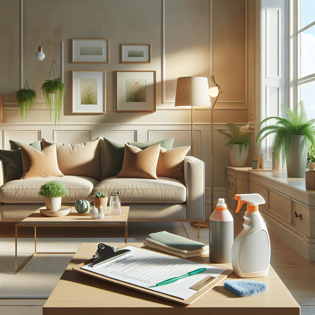 A serene living room with cleaning supplies and a checklist on a coffee table.