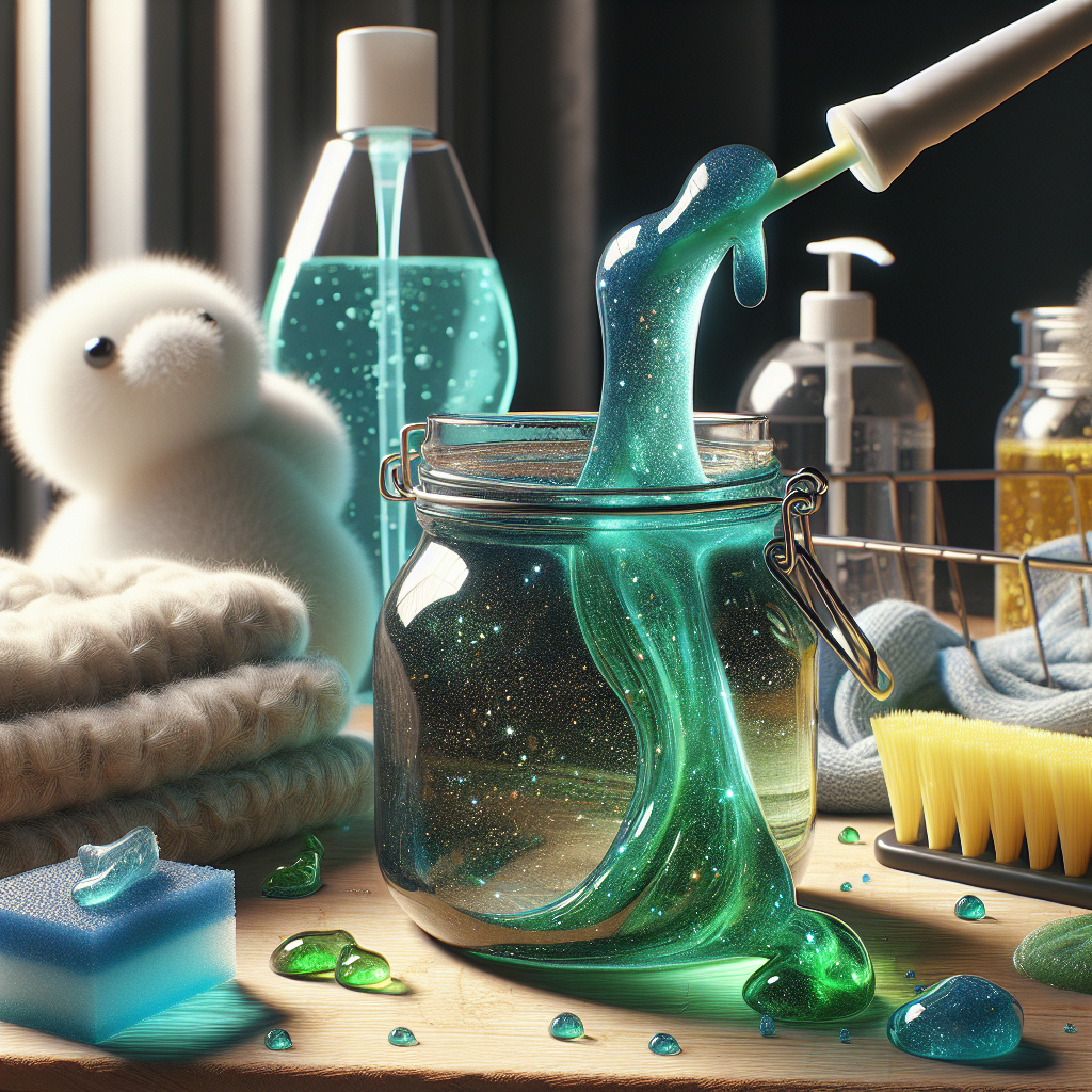 A jar of vibrant cleaning slime alongside cleaning supplies.