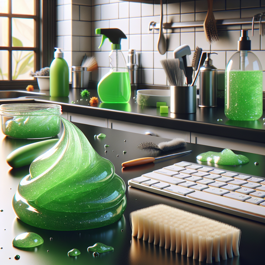 Colorful cleaning slime on a kitchen counter with household cleaning items.