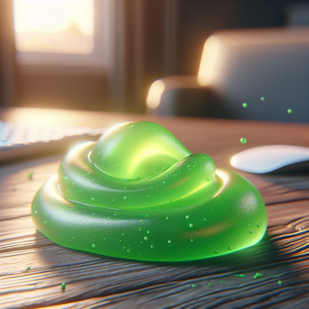 A blob of green cleaning slime on a wooden table surrounded by crumbs.