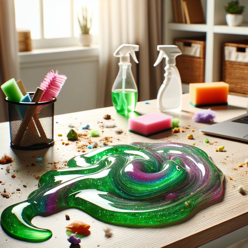A vibrant cleaning slime above a messy desk with crumbs and dust.