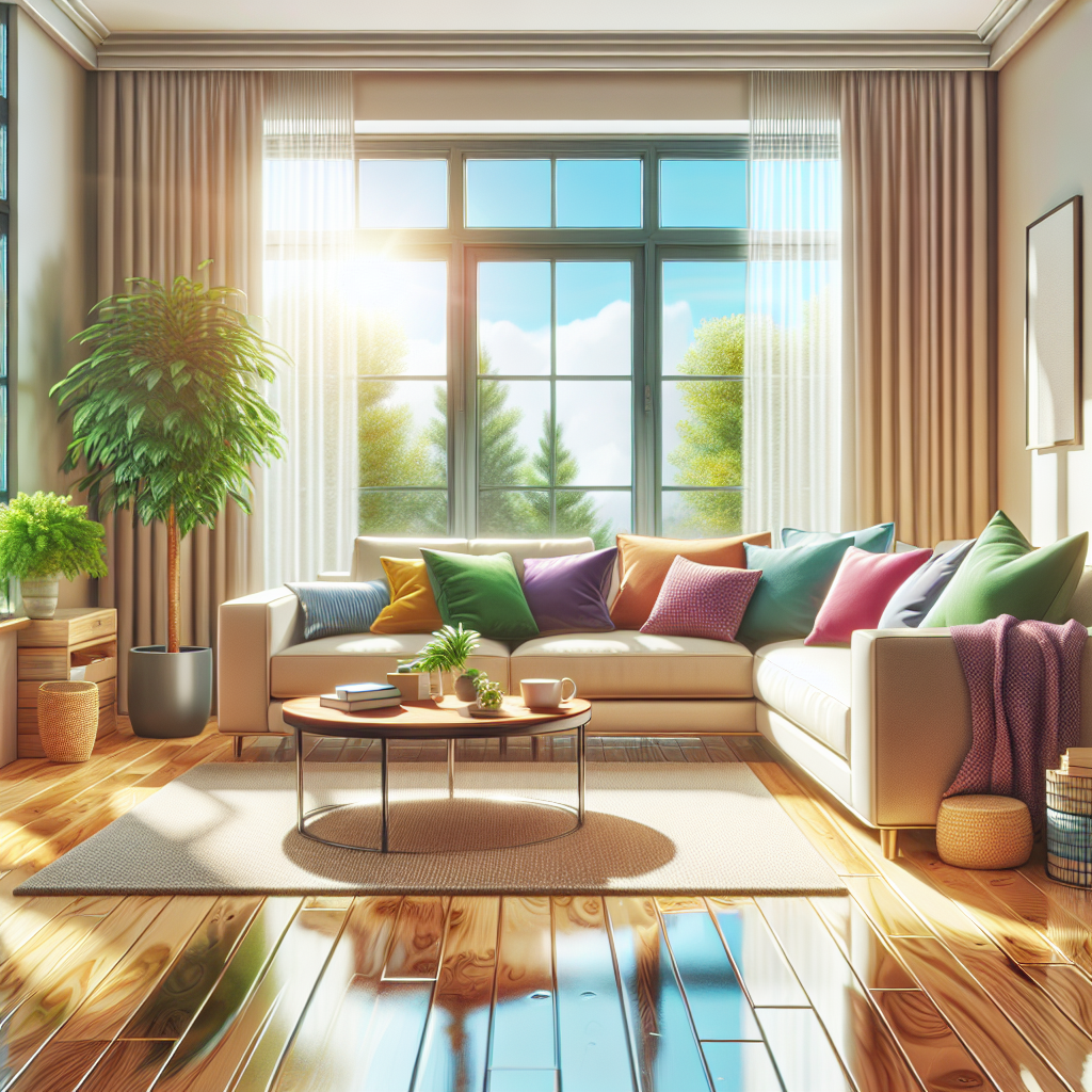 A pristine deep cleaned living room with a sofa, coffee table, and natural light.