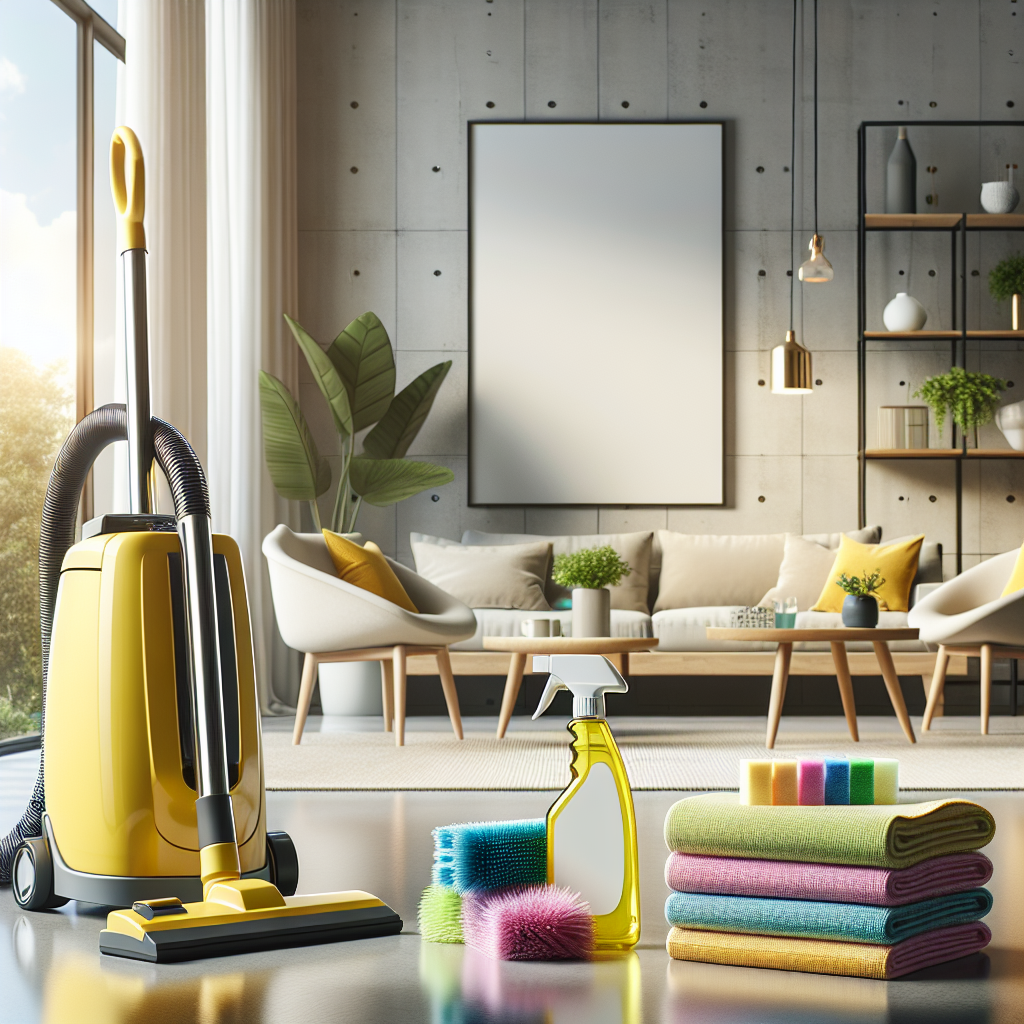Various residential cleaning tools arranged in a modern living room.