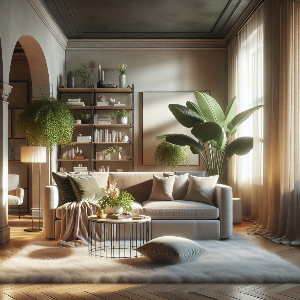 A clean and organized modern living room with a cozy atmosphere.