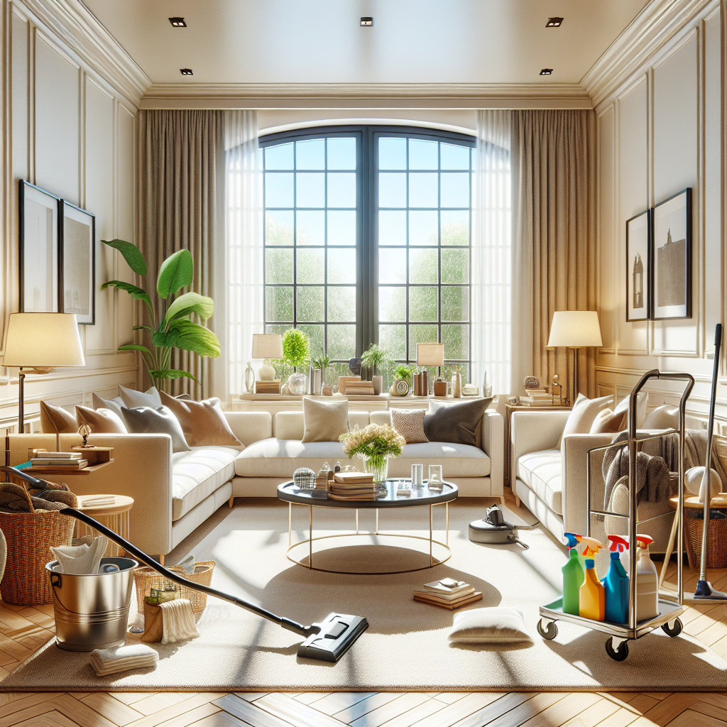 A clean and organized living room ready for residential cleaning services.