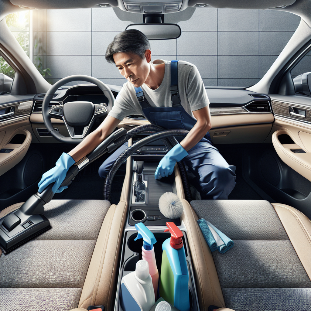 A professional cleaner vacuuming the interior of a modern sedan.