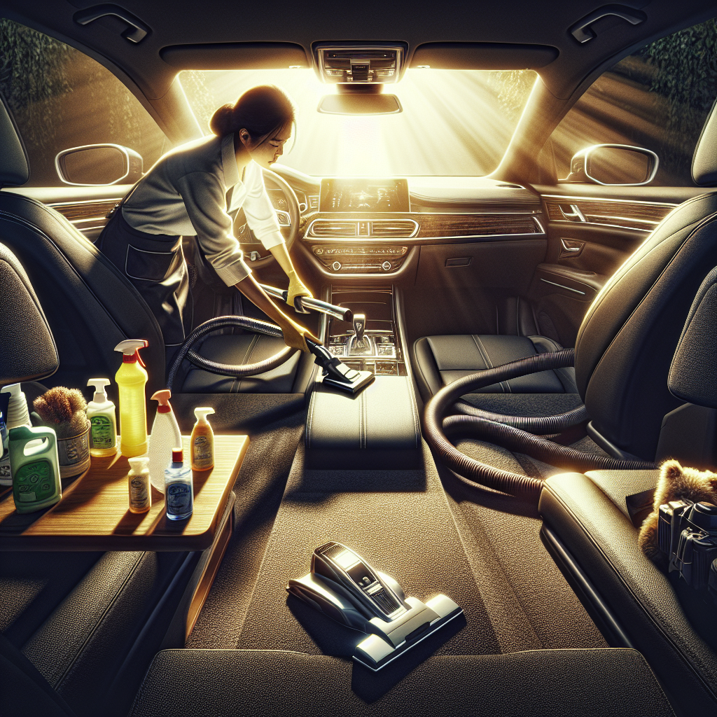 A professional cleaning the interior of a car with modern upholstery.