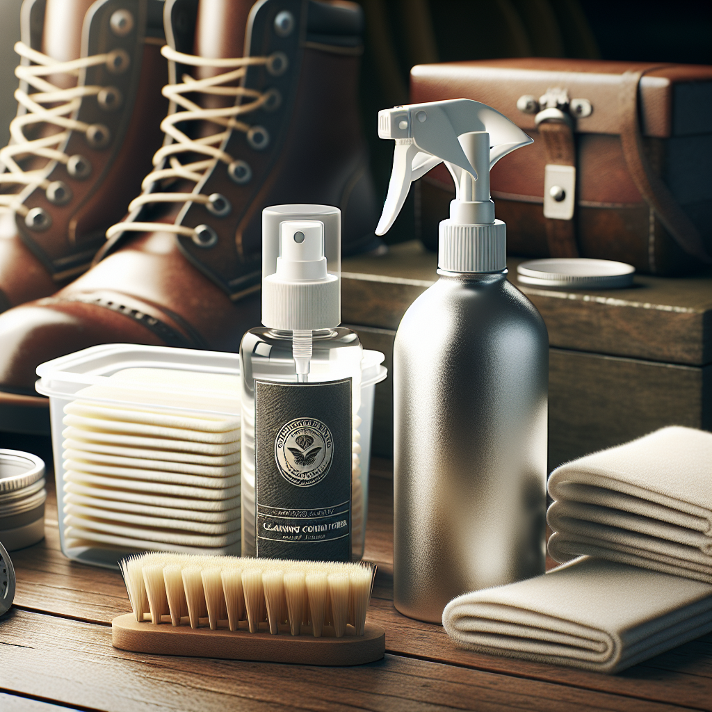 A variety of shoe cleaning products on a wooden table with boots and sneakers in the background.