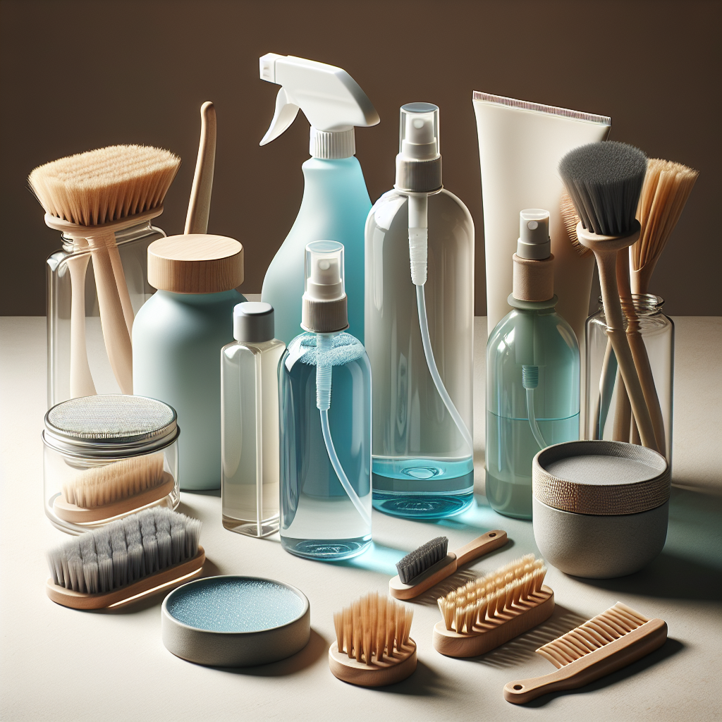 Array of shoe cleaning products including sprays and brushes on a clean surface.