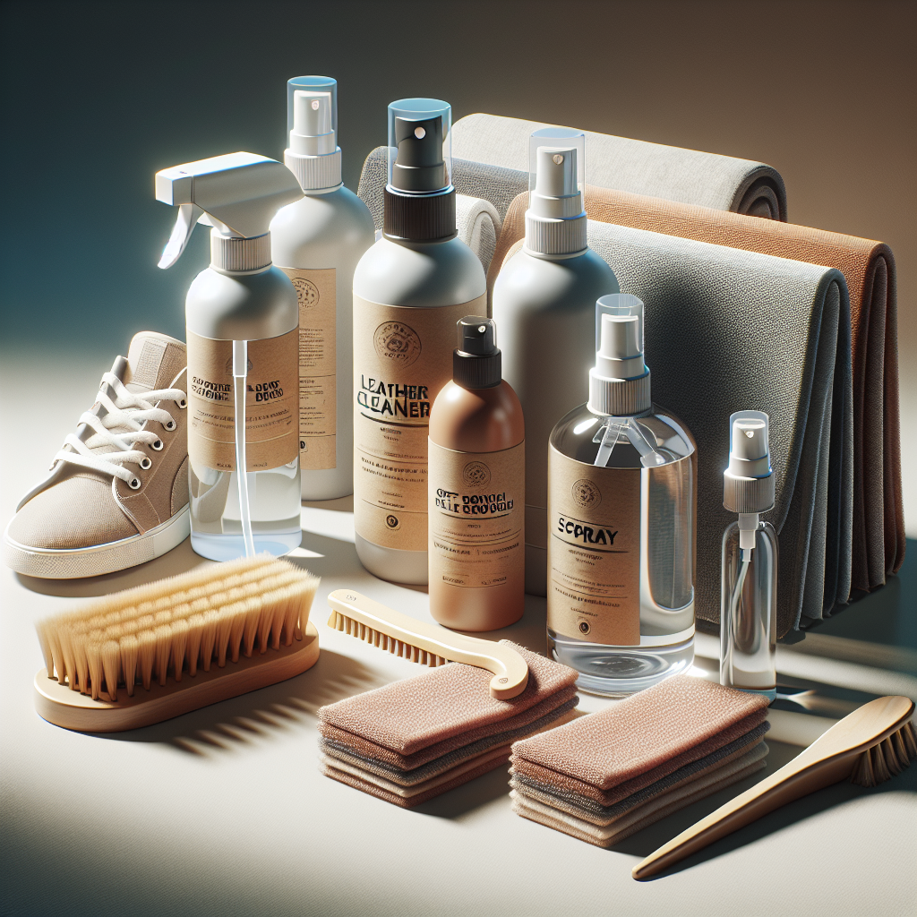 A variety of shoe cleaning products displayed on a table.
