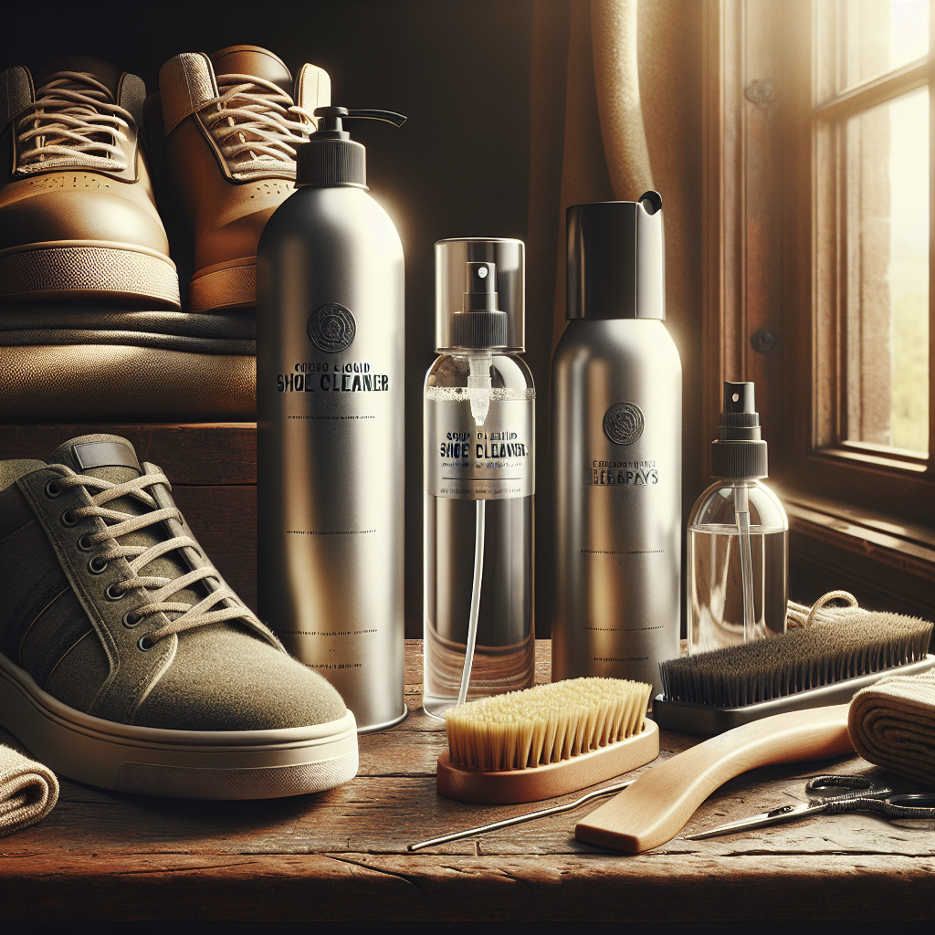 A variety of shoe cleaning products displayed with two pairs of shoes, arranged on a wooden table.