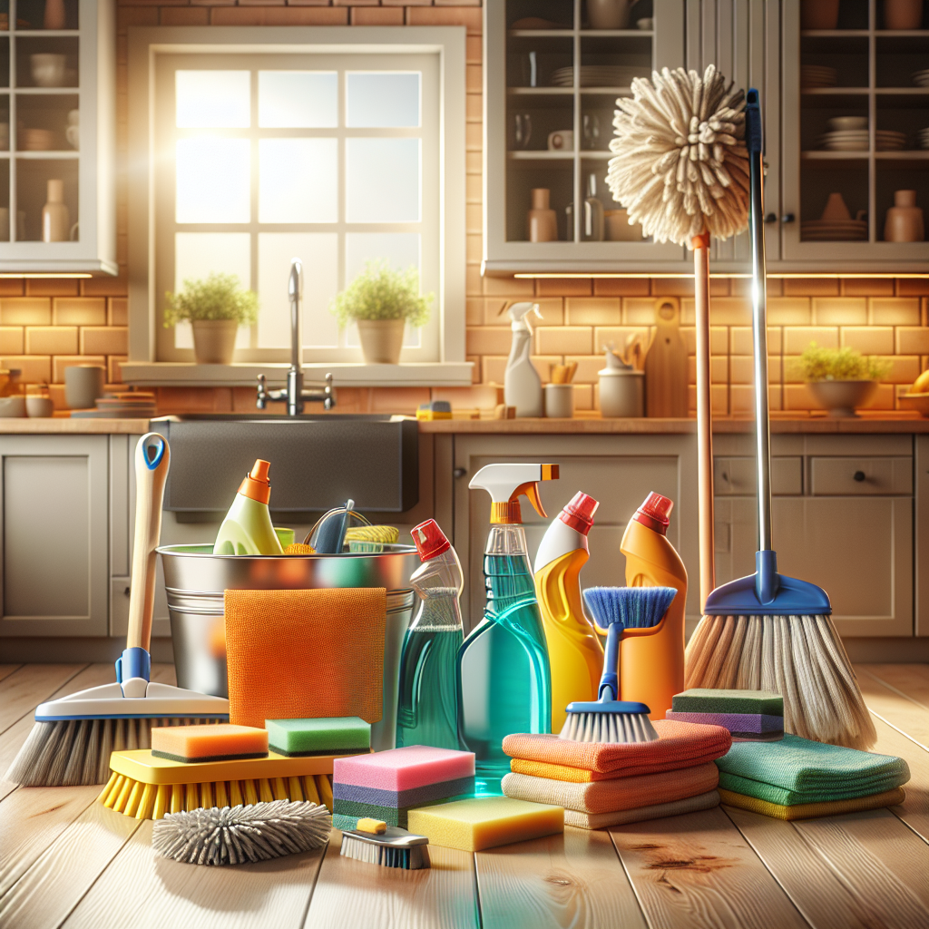 A collection of essential cleaning supplies in a well-lit kitchen.