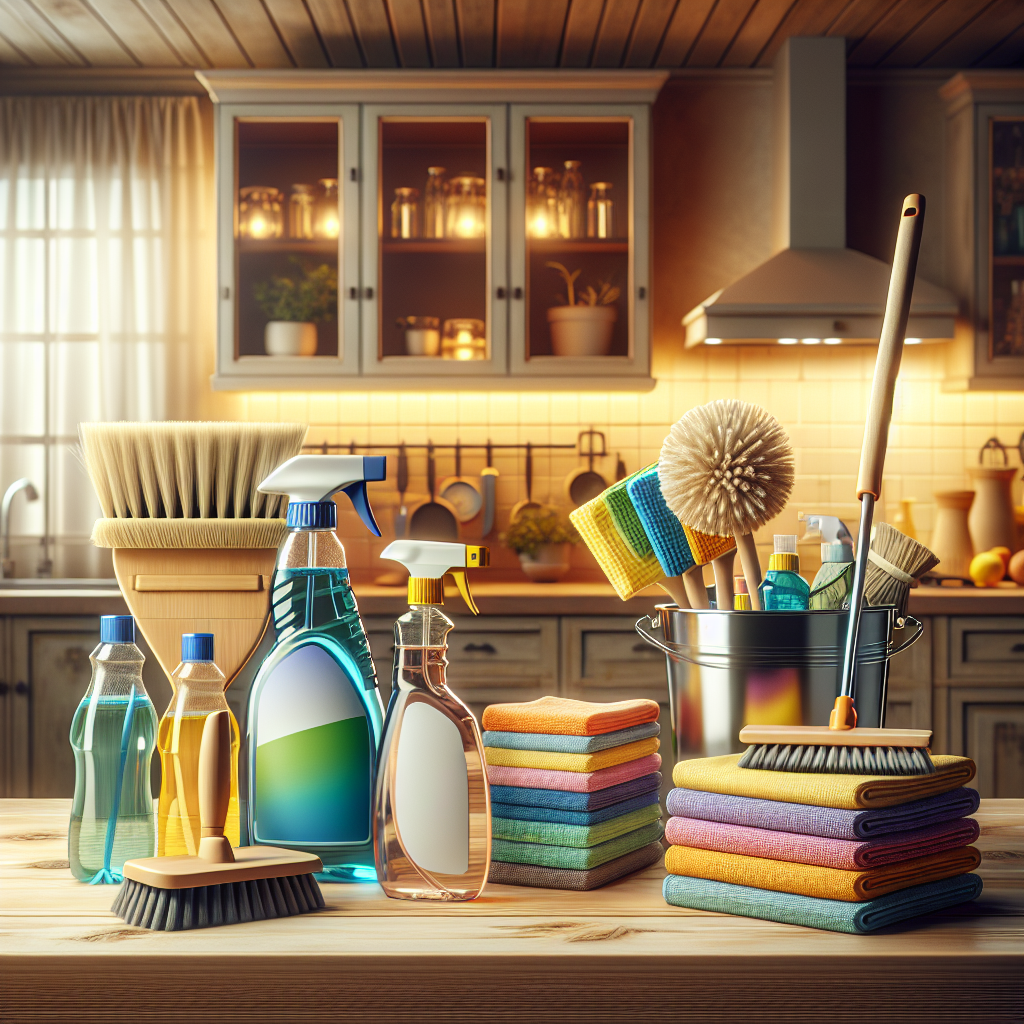 A collection of essential cleaning supplies arranged on a kitchen surface.