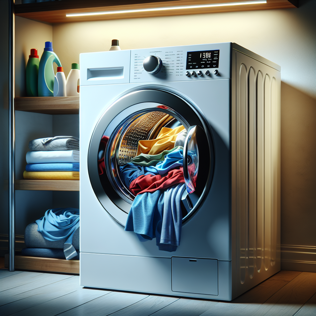 A modern washing machine with an open door showing colorful clothes inside, set in a minimalist laundry room.