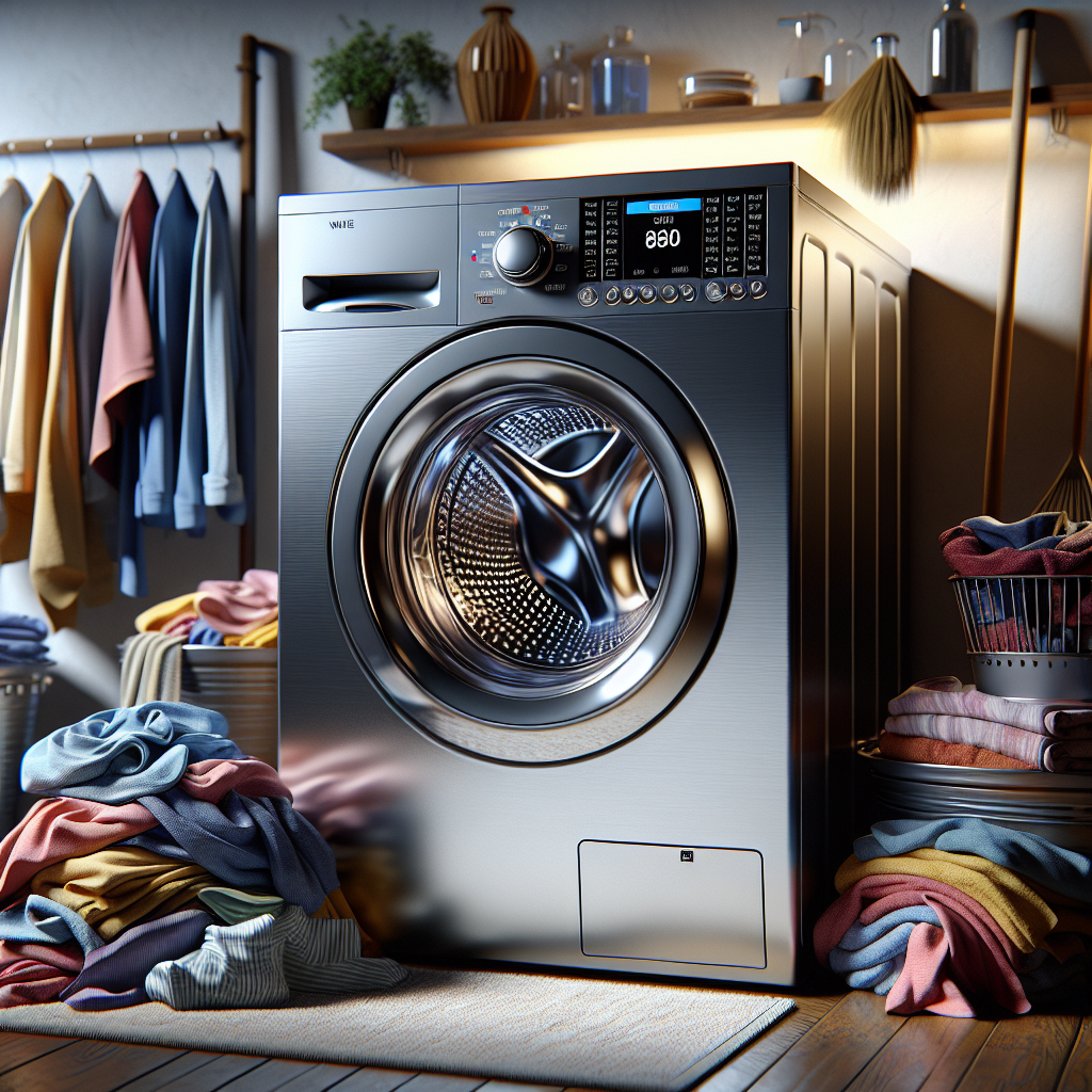 A modern washing machine in a tidy laundry room, surrounded by colorful clothes.