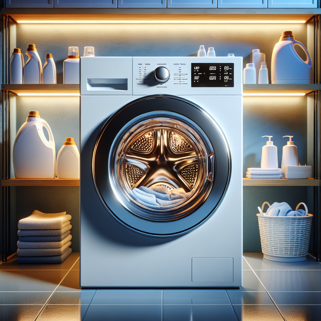 A modern washing machine in a bright laundry room.