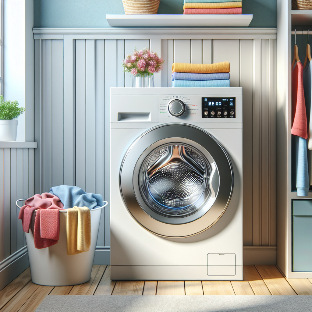 A modern washing machine in a tidy laundry room.