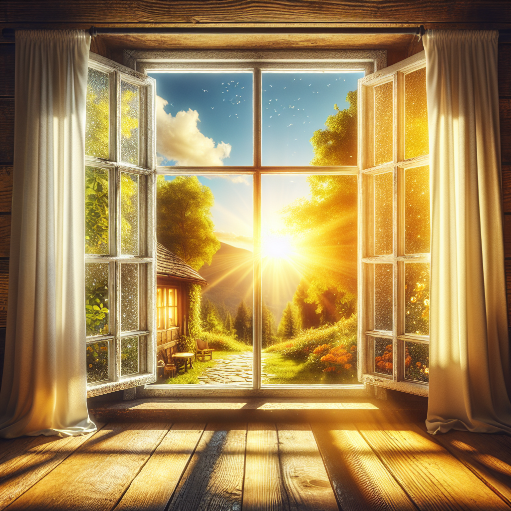 A clean window with sunlight streaming through, surrounded by greenery.