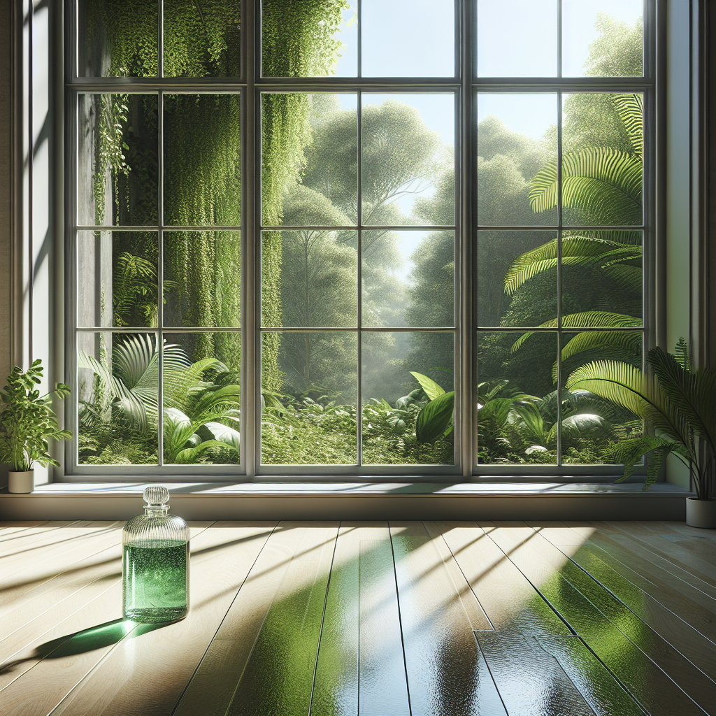 A clean window with sunlight reflecting on the floor and plants visible outside.
