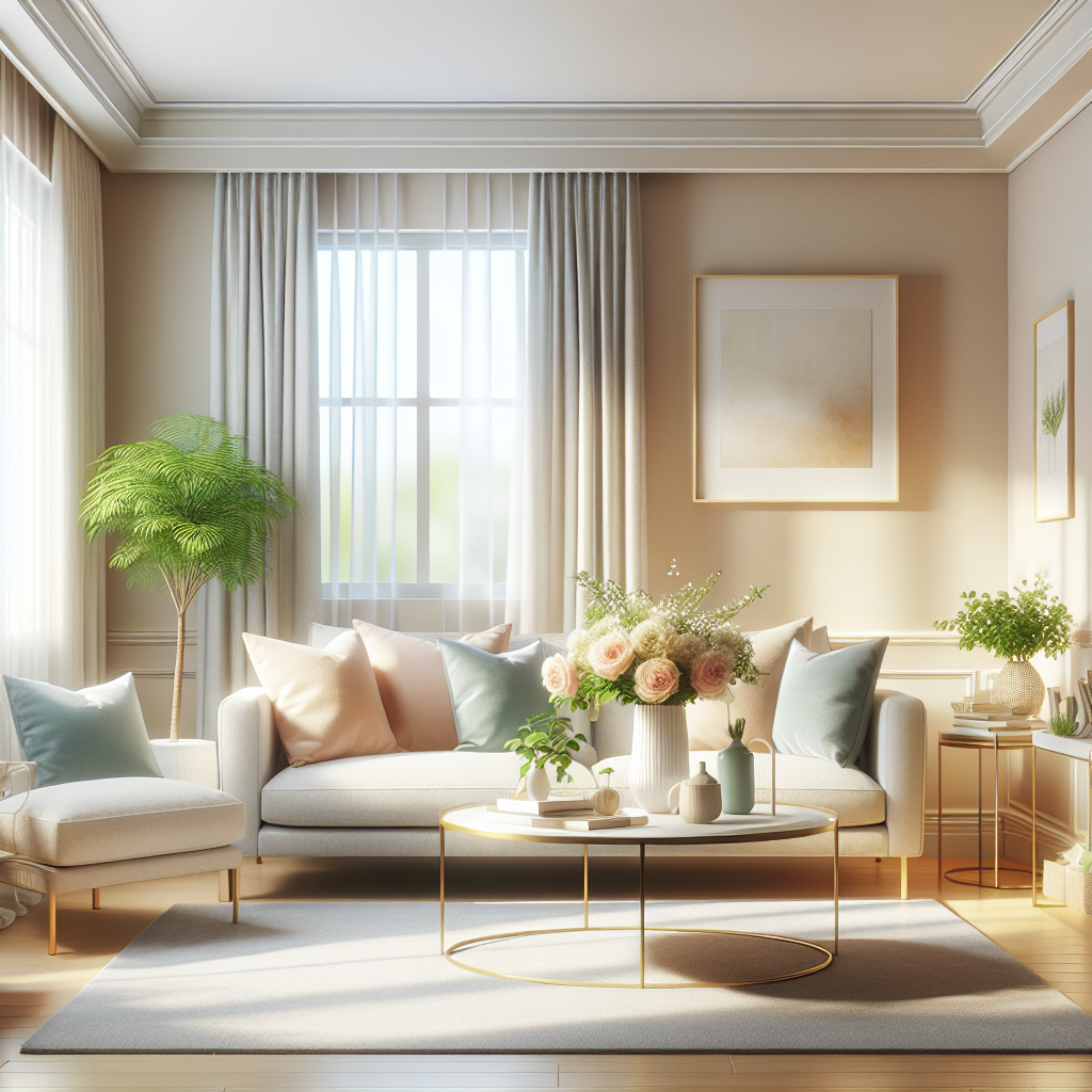A clean and organized living room with a sofa, coffee table, flowers, and sunlight.