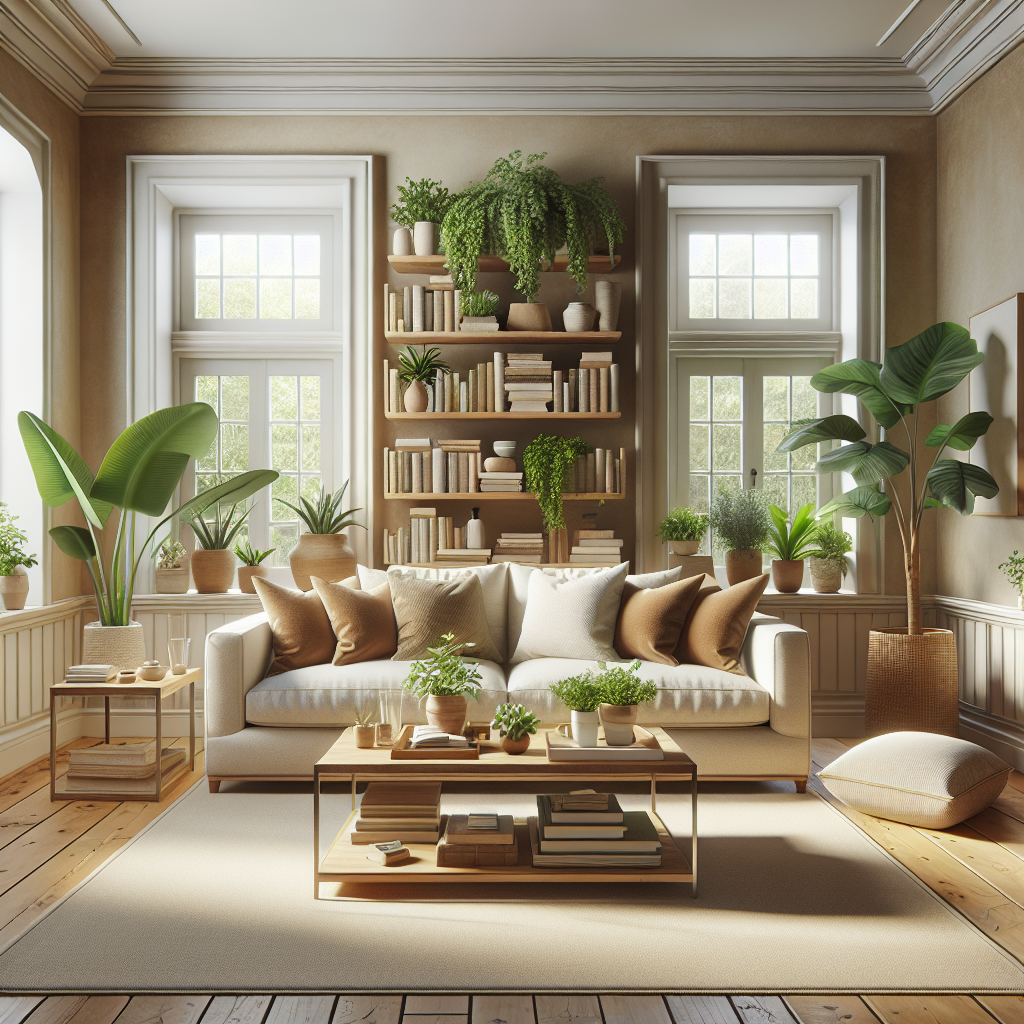 A clean and organized living space showing a sofa