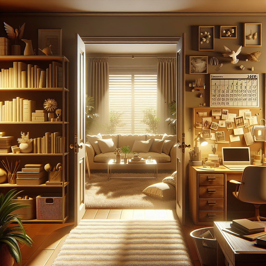 An organized home office and living room illustrating professional organizing concepts.