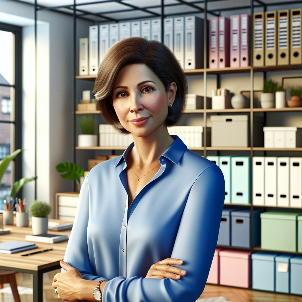 A professional woman in a modern office space showcasing organizing skills.