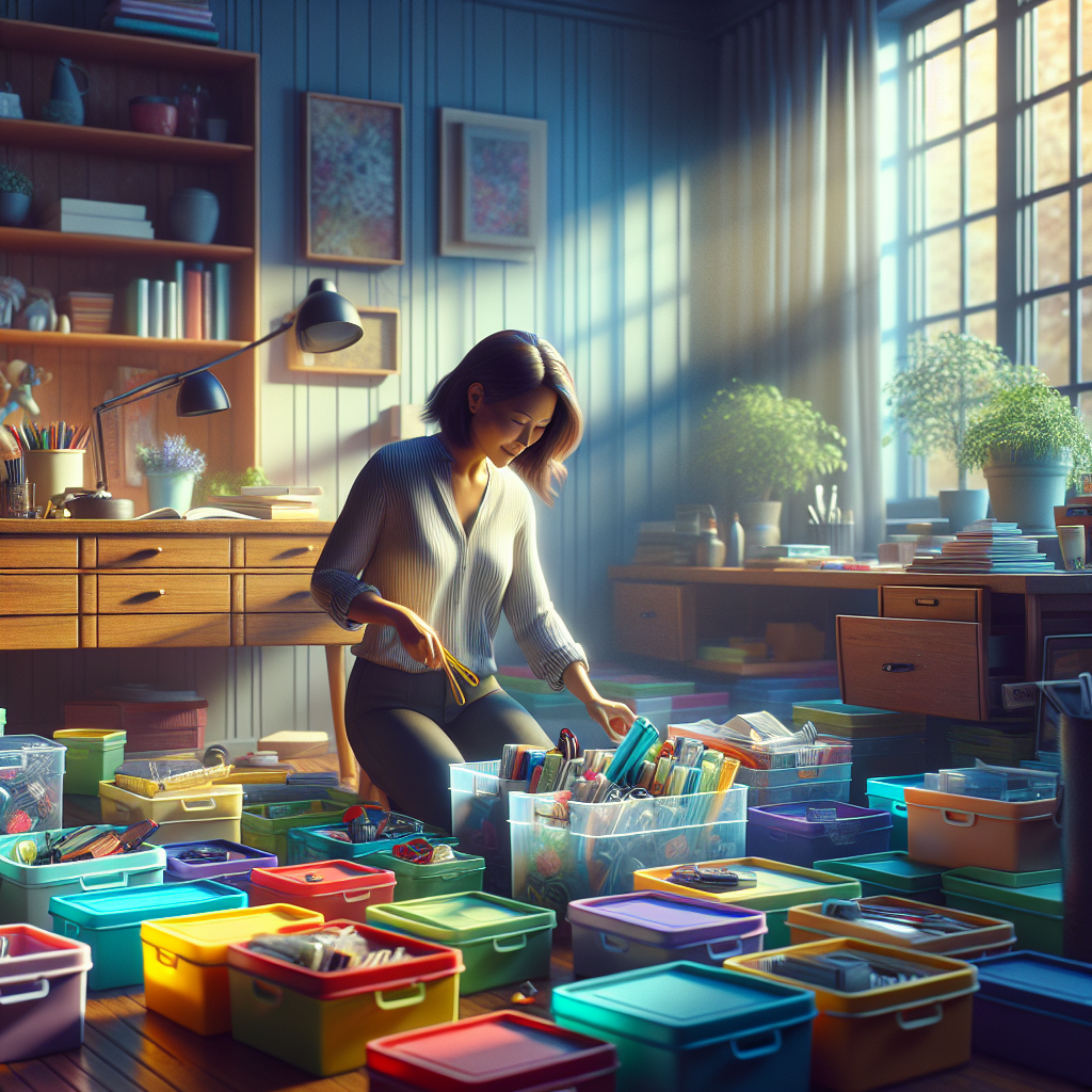 A professional organizer working in a home setting, sorting items in colorful bins.