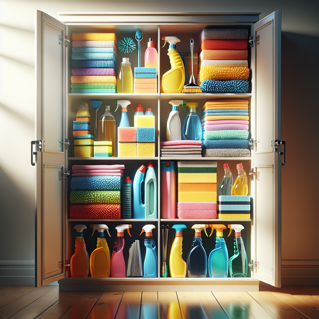 A tidy home cleaning supply cabinet filled with colorful microfiber cloths, sponges, and cleaning sprays.