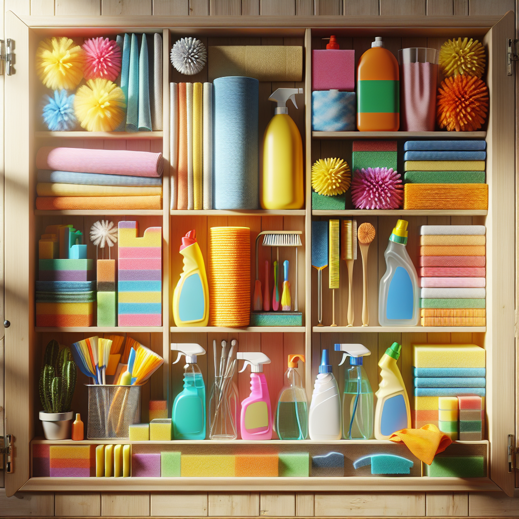 An organized cleaning supply cabinet with various cleaning tools and sprays.
