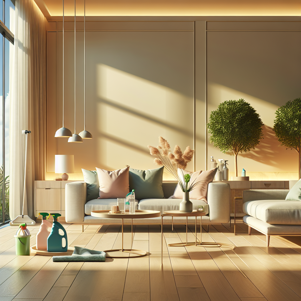A modern, tidy living room in Chennai with eco-friendly cleaning products displayed.