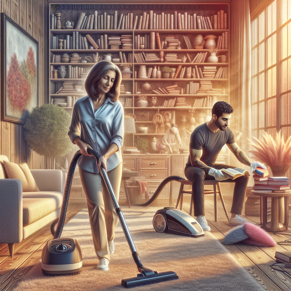 A clean living room with a woman vacuuming and a man dusting.