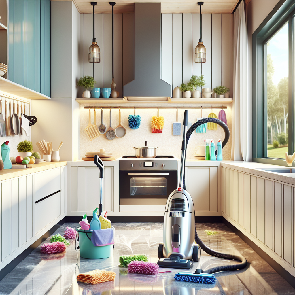 A bright and tidy kitchen with cleaning tools.
