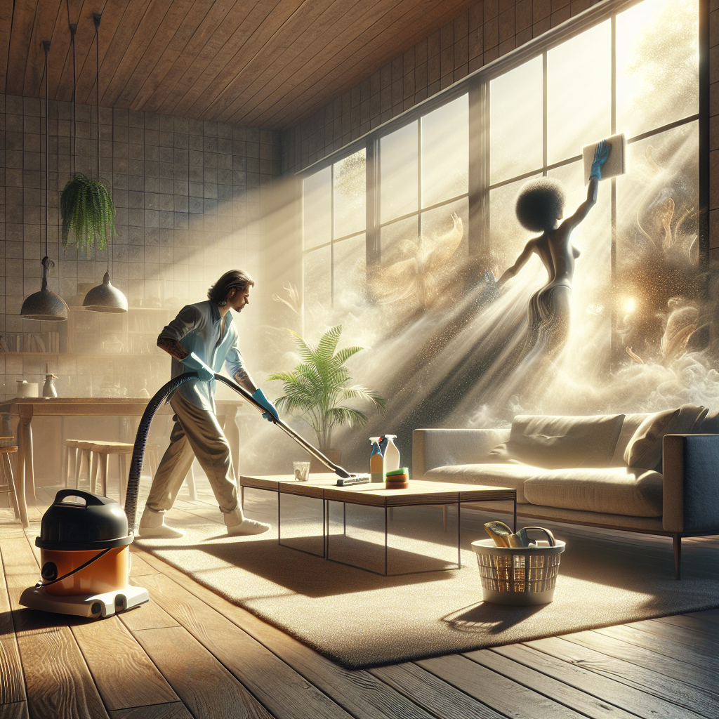 A living room scene depicting house deep cleaning in progress, showing a person vacuuming and another washing windows.