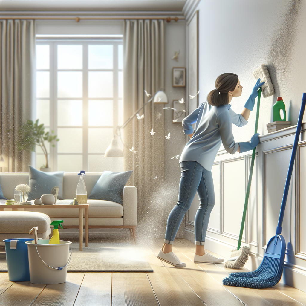 A woman cleaning a living room, showcasing deep cleaning activities.