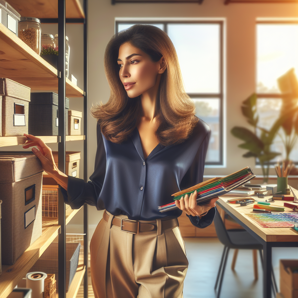 A professional organizer assessing a cluttered shelf in a modern workspace.
