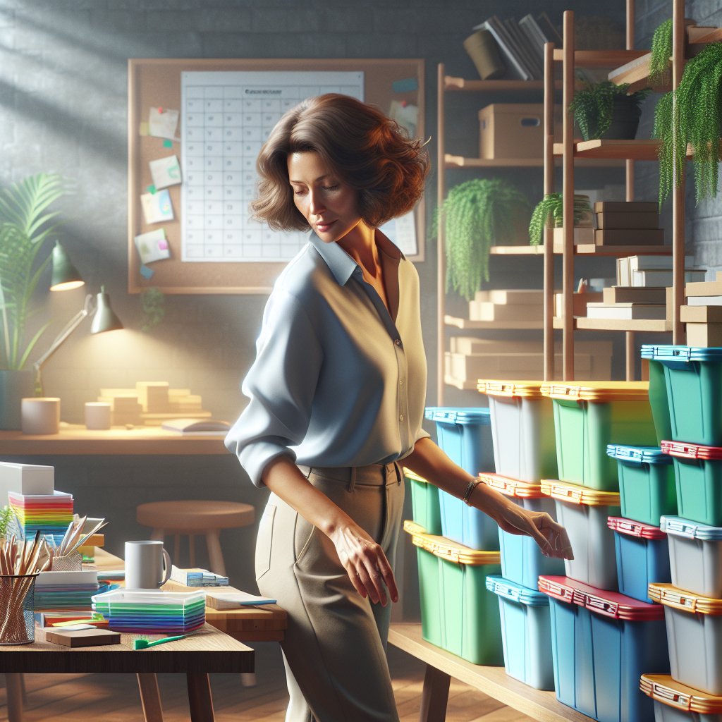 A professional organizer sorting colorful storage bins in a well-organized office.